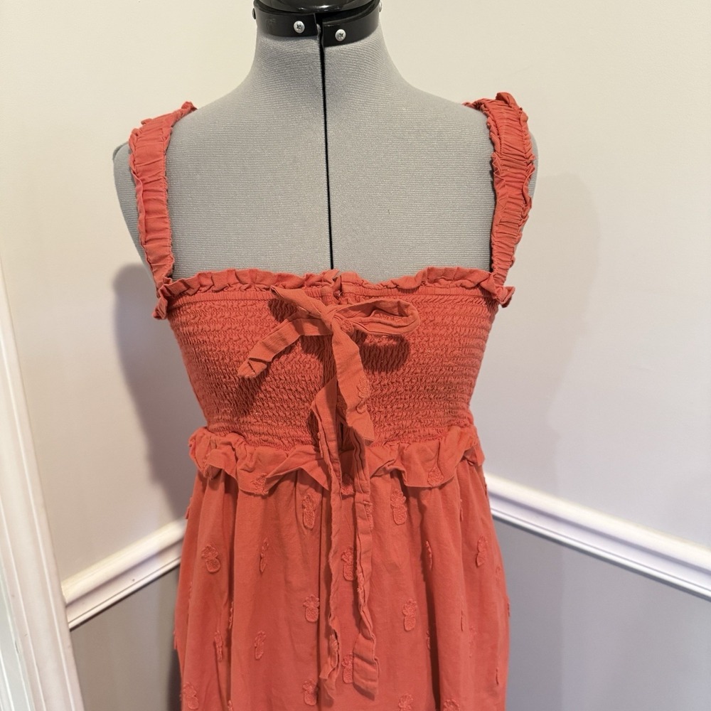 Farm Rio‎ smocked bodice 3D tonal pineapple embroidery Coral/Red M Maxi Dress - Picture 9 of 9